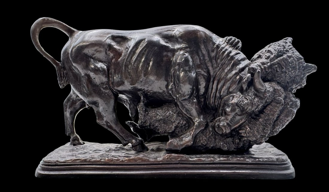 Vintage Bronze Sculpture "Bear & Bull" after ISIDORE JULES BONHEUR (1827-1901) on Green Marble Base (1 of 4)