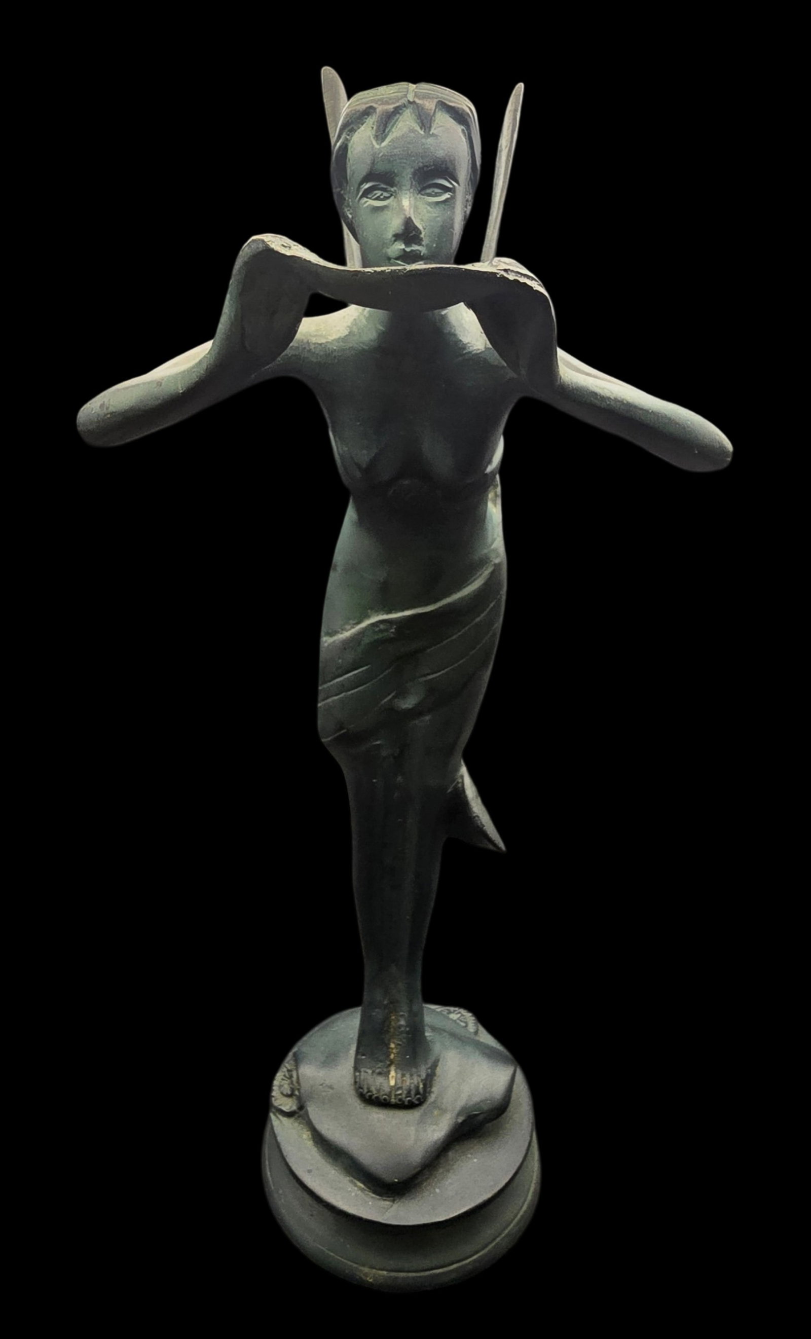 Vintage Cast Bronze Sculpture of a Fairy Playing the Flute: Very good vintage condition with minor wear and patina according to age. Measures approx. 12 1/2" high x 4" wide.