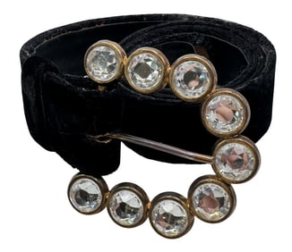 Vintage A.BROD 6351 Black Velvet Belt & Belt Buckle /w Large Cubic Zirconia Gemstones