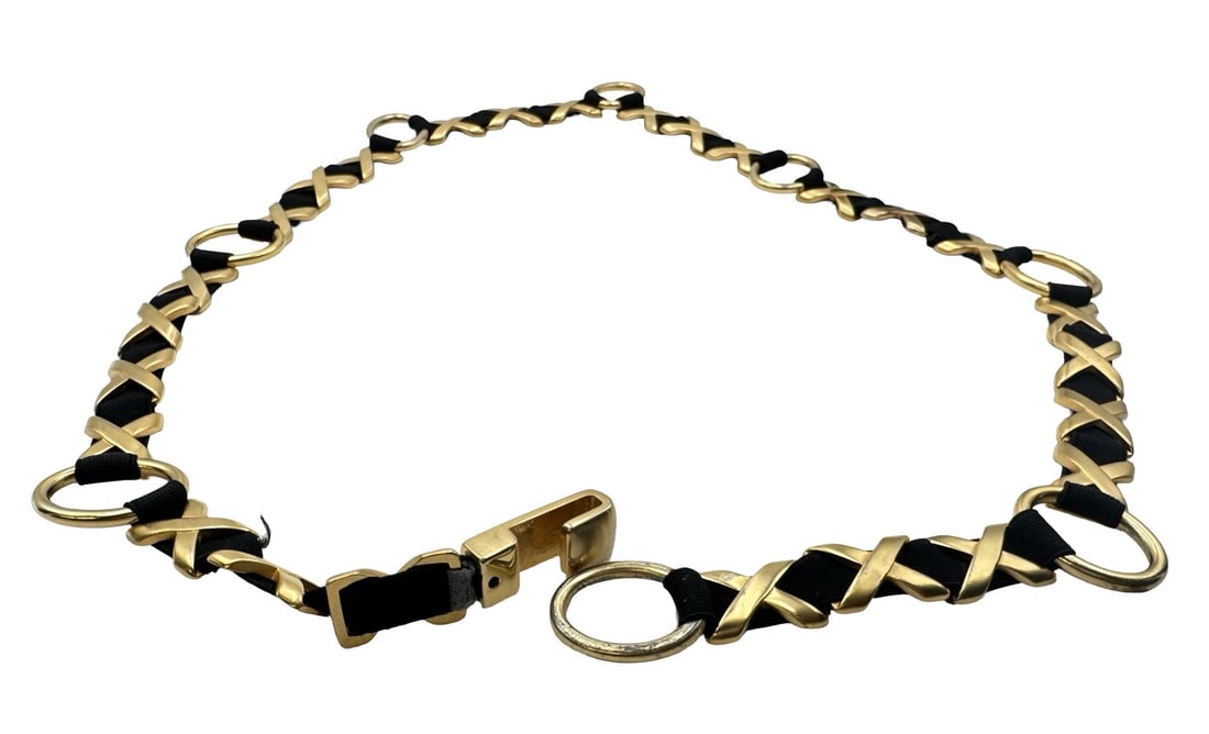 Vintage Gold Metal & Black Fabric Belt: Very good vintage condition with wear according to age and use. Measures approx. 38 1/2 " long x 1" wide. Barely Worn.