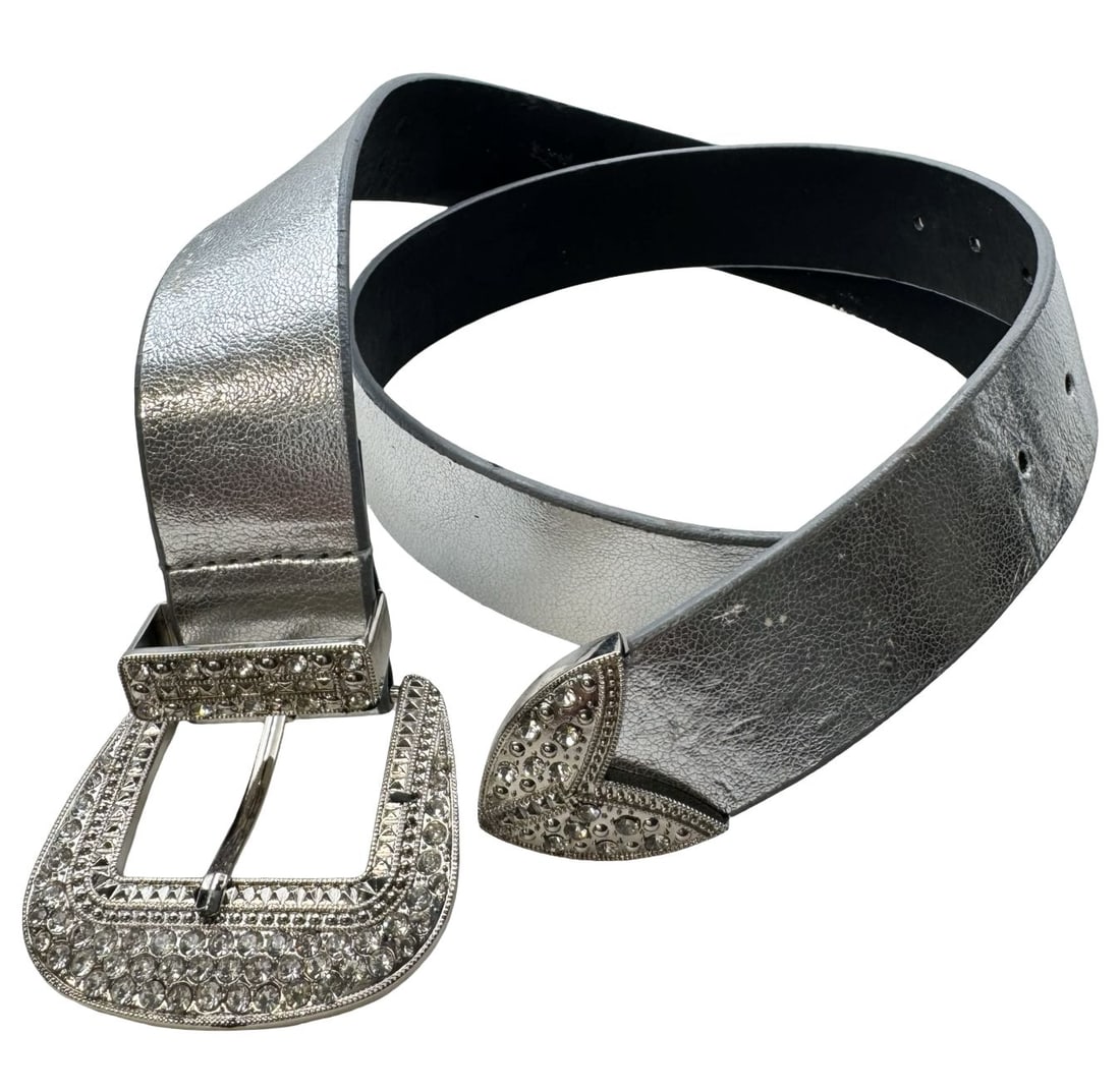 Vintage Gray Belt & Belt Buckle /w Rhinestones: Very good vintage condition with wear according to age and use. Measures approx. 46 1/2 " long x 2 1/2" wide. Barely Worn.