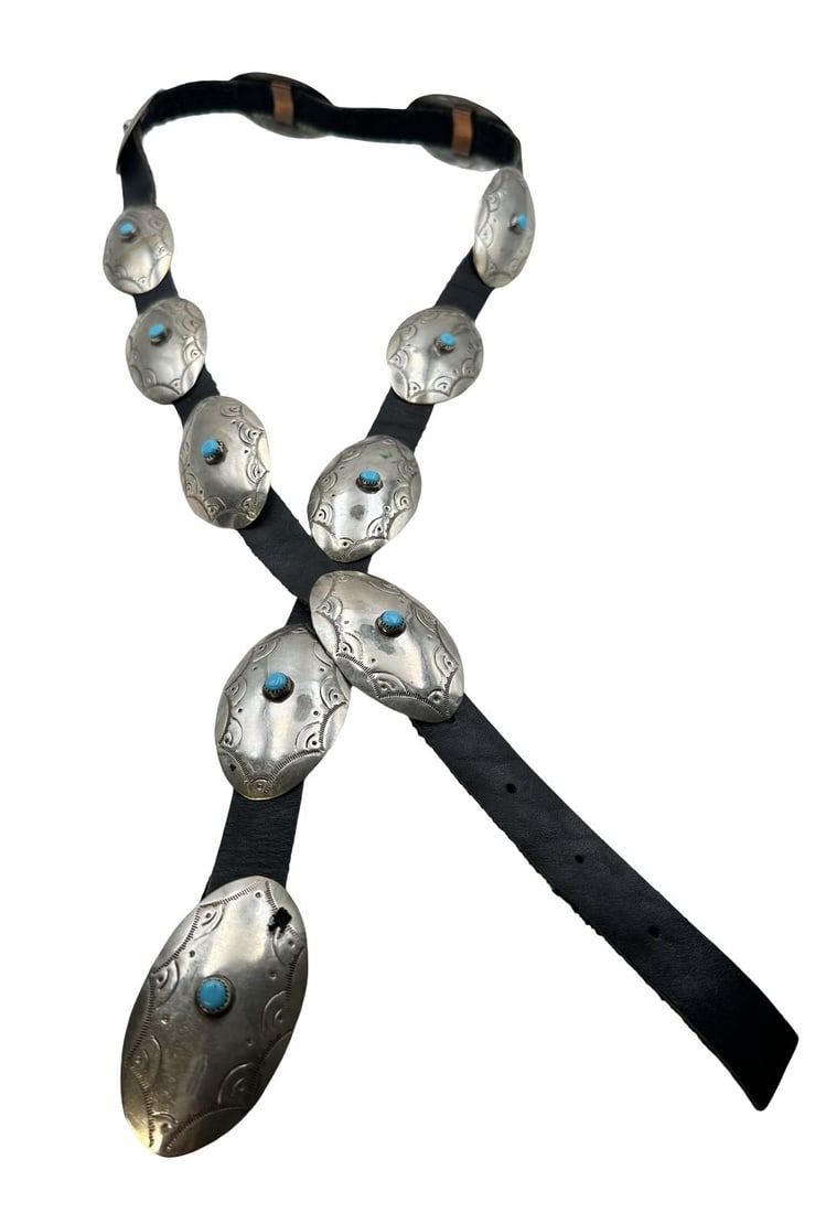 Vintage Native American Navajo Style Leather Belt /w Metal Plaques & Turquoise Gemstones (1 of 4)