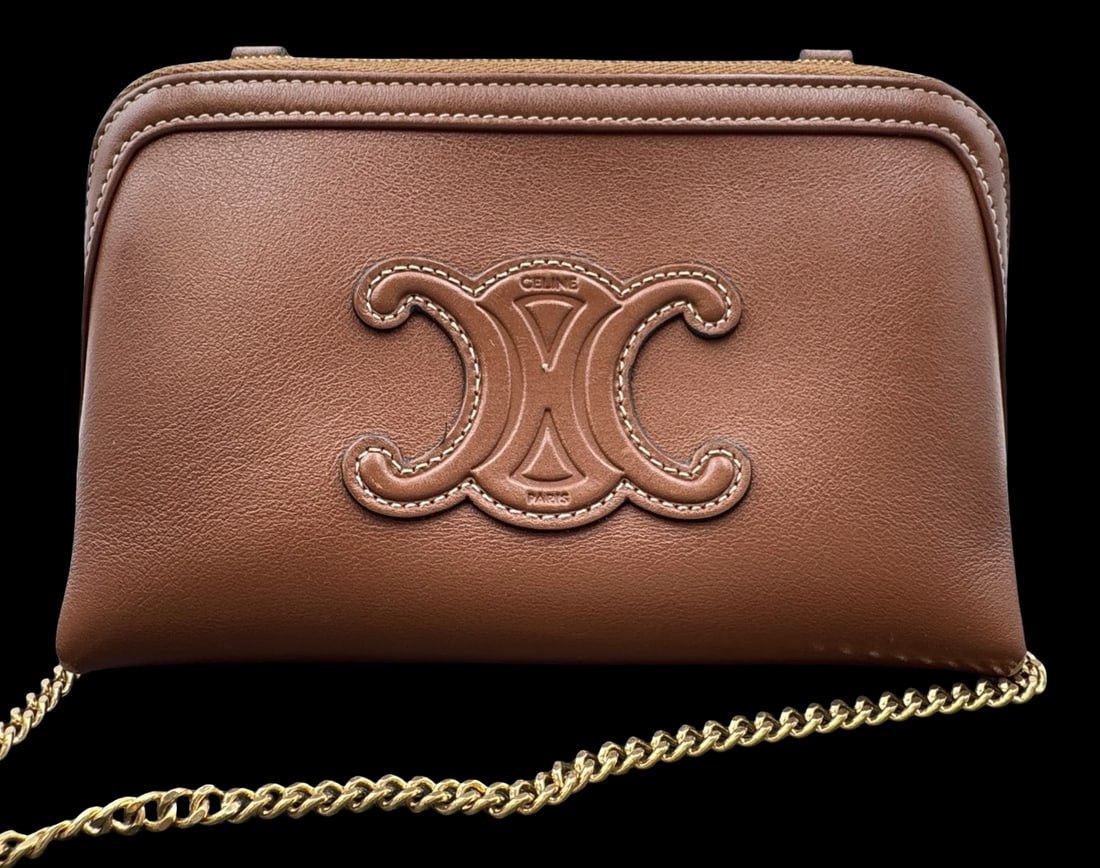 Vintage CELINE France Small Brown Leather Designer Hand Bag /w Chain (1 of 5)