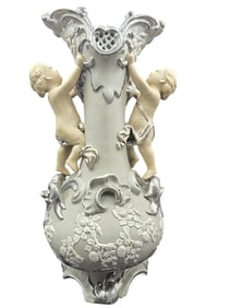 Antique 19th Cent. VILLEROY & BOCH Germany Salt Glaze Ceramic Vase /w Climbing Cherubs & Rose Decor