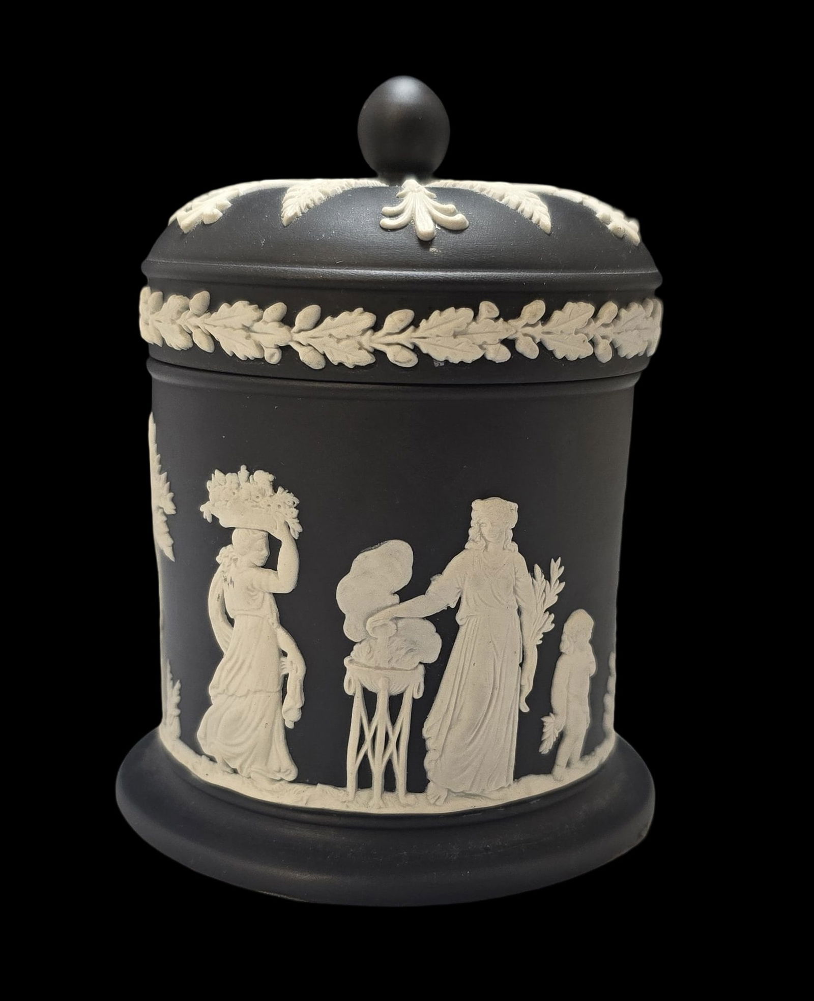 Vintage WEDGWOOD Black Jasperware Olympus Jar /w Lid: Very good vintage condition; no chips, cracks, or repairs. Measures approx. 4 1/2" high x 3" wide. Marked on the bottom.