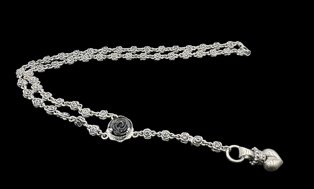 Modern KING BABY Sterling Silver Rosary Necklace /w Black Rose Shape Gemstone /w Pendant Heart (1 of 6)