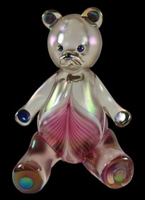 Vintage STUART ABELMAN Art Glass Pulled Feather Design Bear Sculpture