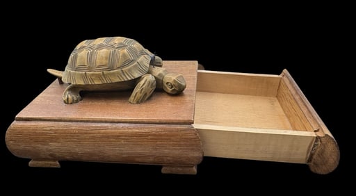 Unusual Vintage Handmade Wooden Mechanical Turtle Cigarette Box
