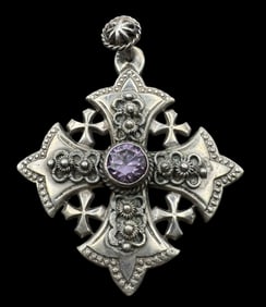 Rare Vintage 900 Silver & Amethyst Maltese Jerusalem Holy Land Cross Pendant