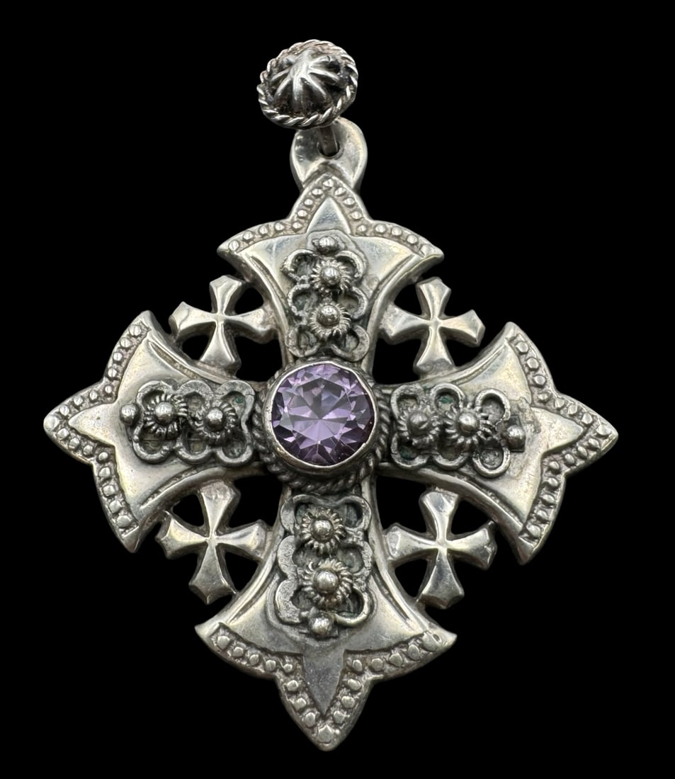 Rare Vintage 900 Silver & Amethyst Maltese Jerusalem Holy Land Cross Pendant