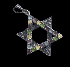 Vintage Judaica Sterling Silver & Multi Gemstone Star of David Pendant
