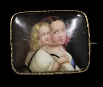 Spooky Antique Victorian Silver & Porcelain Portrait Plaque Brooch