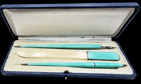 Antique ca. 1910 European 800 Silver & Turquoise Guilloche Enamel Writing Set in Orginal Fitted Case