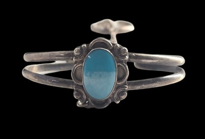 Unusual Vintage Sterling Silver & Blue Gemstone Slave Bracelet /w Ring