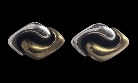 Large Vintage DULCE Mexico Partially Gilt Sterling Silver Designer Clip-On Earrings