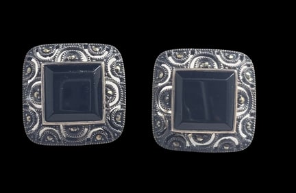 Rare Vintage JUDITH JACK Sterling Silver, Marcasite & Black Onyx Designer Clip-On Earrings