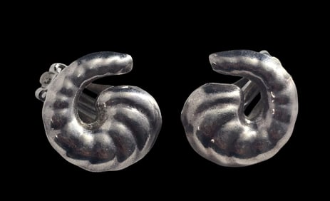 Unusual Vintage Mexican Sterling Silver Cornucopia Clip-On Earrings