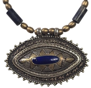 Antique Oriental Sterling Silver & Blue Gemstone Pendant Necklace