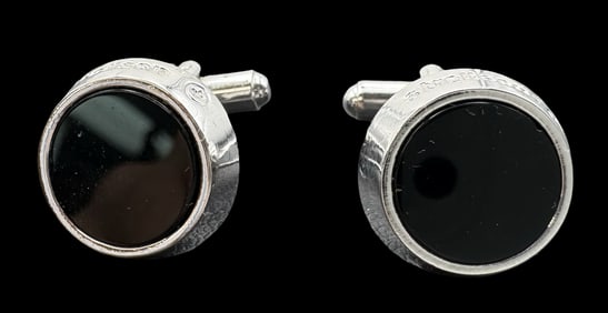 Stylish Vintage STRELLSON Switzerland Silver Metal & Black Enamel Cufflinks