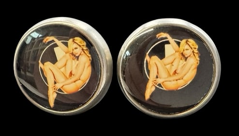 Stylish Vintage STRELLSON Switzerland Black Cufflinks /w Nude Woman Picture