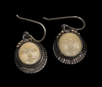 Unusual Vintage Sterling Silver & Hand Carved Moon Face Dangle Earrings