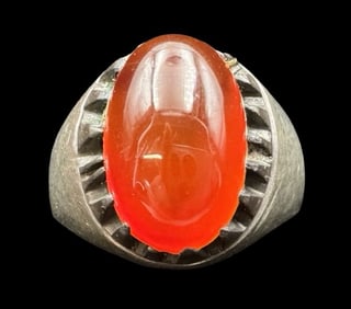 Incredible Mid-Century Modern Brutalist Sterling Silver & Red Gemstone Ring