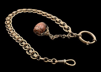 Vintage Gold Plated Metal Pocket Watch Chain /w Rare Aventurine Barrel Fob