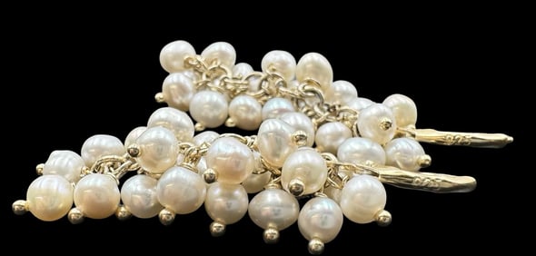 Unusual Vintage Gilt Sterling Silver & White Pearl Cluster Earrings