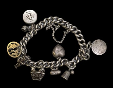 Antique Early 1900s Sterling Silver Pilgim Charm Bracelet /w Charms