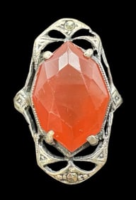 Ornate Vintage Art Deco ca. 1930s Sterling Silver, Marcasite & Carnelian Cocktail Ring