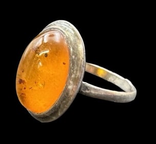 Vintage Mid-Century Modern Polish Sterling Silver & Baltic Amber Ring
