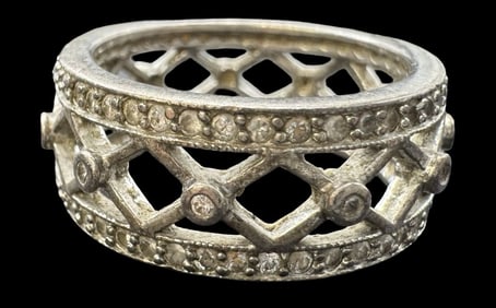 Ornate Vintage Sterling Silver & Clear Rhinestone Cocktail Designer Ring