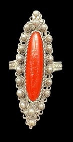 Ornate Antique Middle Eastern Sterling Silver & Red Coral Filigree Cocktail Ring
