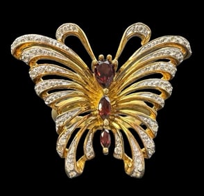 Ornate Large Vintage Gilt Sterling Silver & Gemstones Butterfly Cocktail Ring