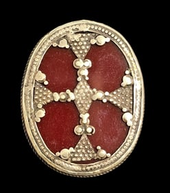 Rare Antique Tribal Turkmen Tekke Silver & Red Glass Maltese Cross Ring