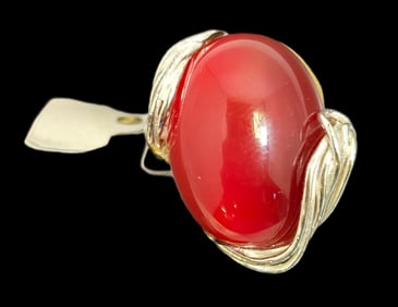 Vintage Mid-Century Modern European 835 Silver & Carnelian Designer Ring - New Old Stock