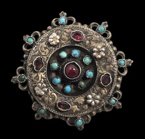 Antique ca. 1850 European Gilt Silver, Turquoise & Garnet Brooch
