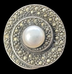 Vintage Sterling Silver, Marcasite & Pearl Ring