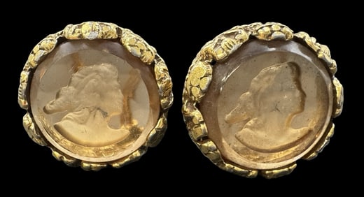 Very Unusual Vintage Goldtone Metal & Glass Intaglio Custom Jewerly Earrings