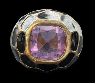 Very Unusual Vintage Gilt Sterling Silver, Enamel & Amethyst Cocktail Ring