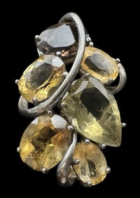 Stylish Vintage Sterling Silver & Yellow Gemstone Cluster Cocktail Ring