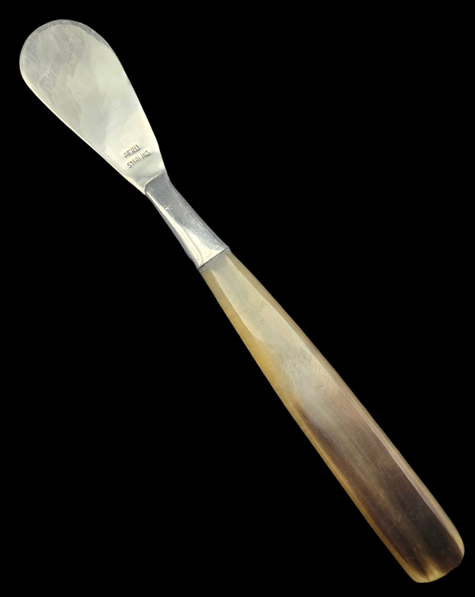 Vintage Peruvian Sterling Silver Knife /w Horn Handle: Very good vintage condition with minor patina and wear according to age. Measures approx. 6" long x 1/2" wide. Marked for Sterling Silver. SHIPPING: We ship in-house and charge a flat fee of $12 for a