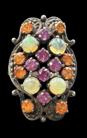 Very Unusual Vintage Sterling Silver & Multi Gemstone Cluster Cocktail Ring