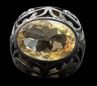 Massive & Ornate Vintage Sterling Silver & Yellow Gemstone Ring