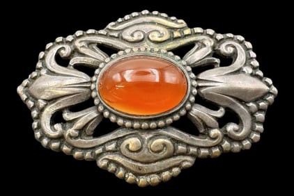 Stunning Antique European 800 Silver & Carnelian Brooch