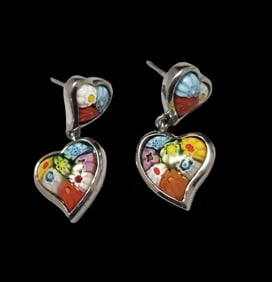 Vintage ALAN K. Sterling Silver & Multicolor Murano Millefiori Art Glass Heart Earrings