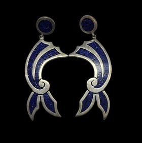 Unusual Vintage ALVARO Mexico Sterling Silver & Inlaid Blue Gemstone Designer Earrings