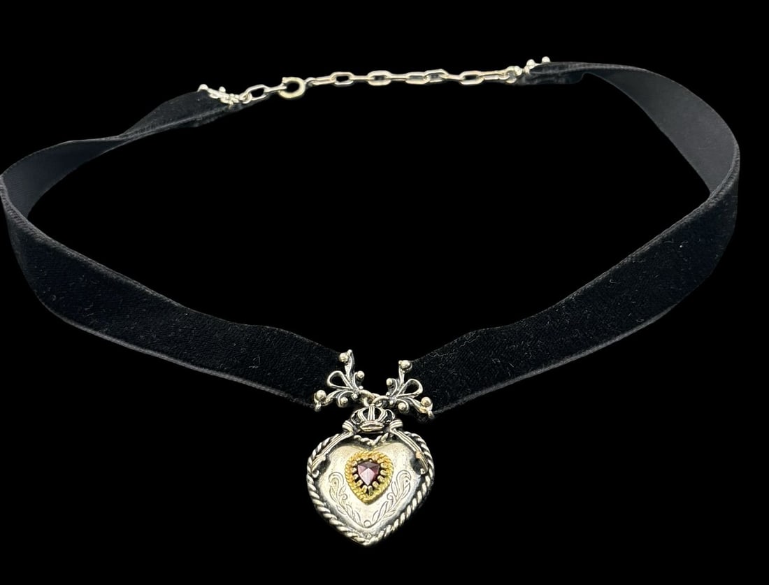 Vintage Alpine European Gilt 835 Silver & Garnet Heart Chocker Necklace: Very good antique condition with minor patina according to age. The pendant measures approx. 1 1/2" long x 1" wide and the entire piece weighs ca. 15.3 grams. The necklace is approx. 17 1/2" long. Mar