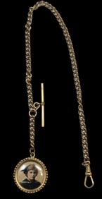 Antique ca. 1910 European Gold Plated Metal Pocket Watch Chain /w Picture Fob