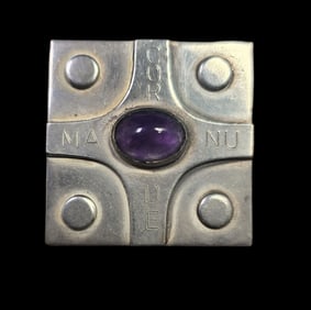 Vintage Mid-Century Modern Sterling Silver & Amethyst "COR DE MANU" Brooch